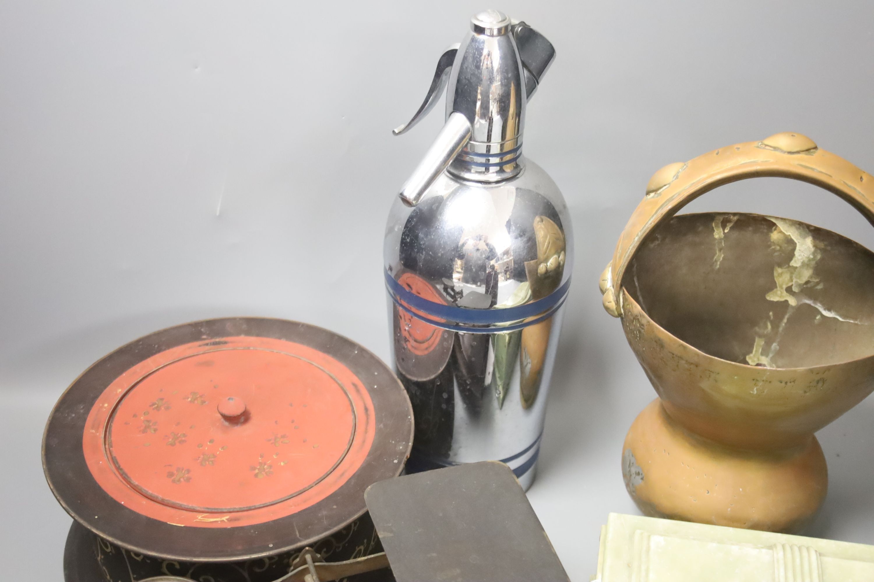 A set of letter scales and weights, a painted metal 'Medieval Knight' table lighter and sundry items